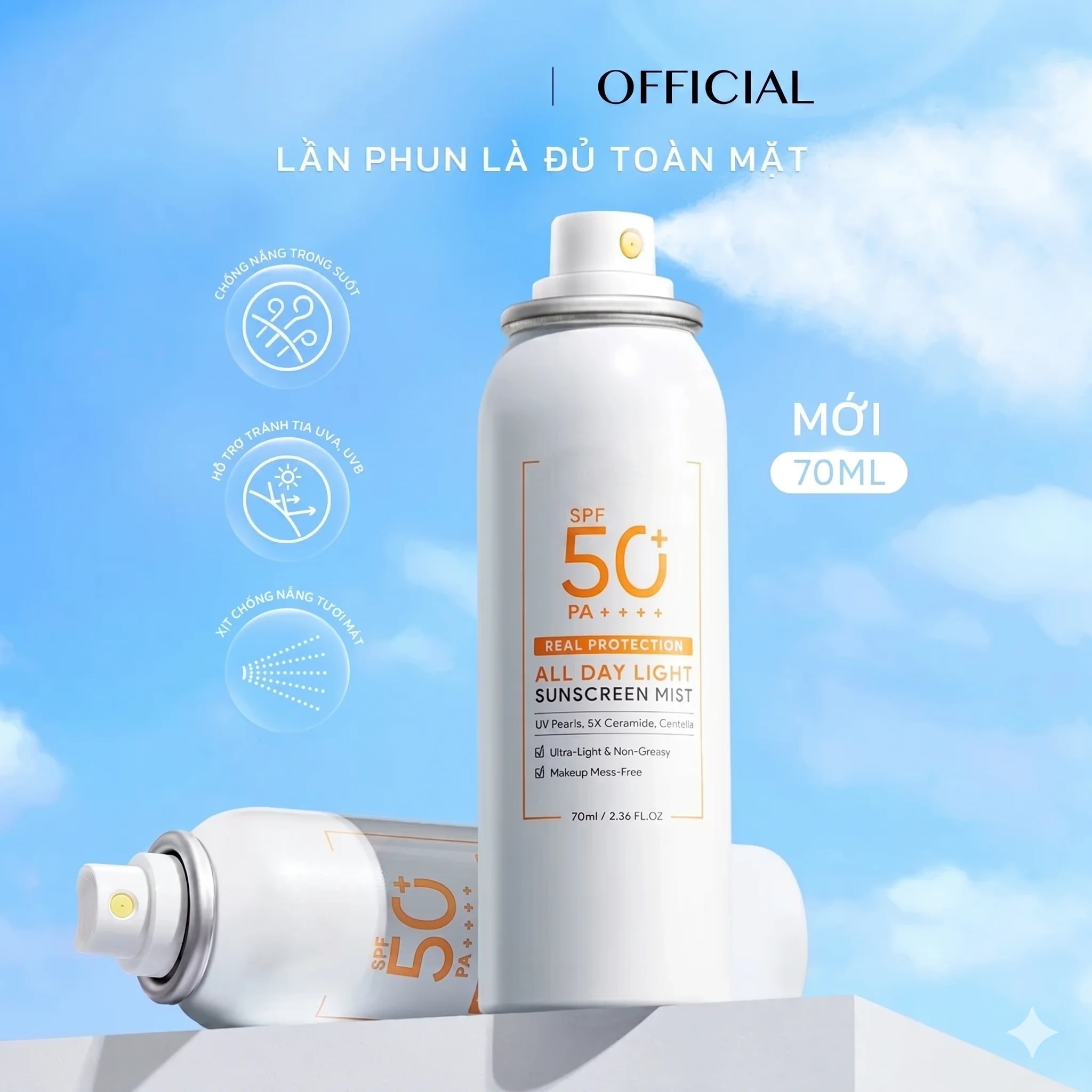 Xịt chống nắng SPF50 PA++++ chống tia cực tím cho mặt và cơ thể giúp SKINTIFIC 70ml