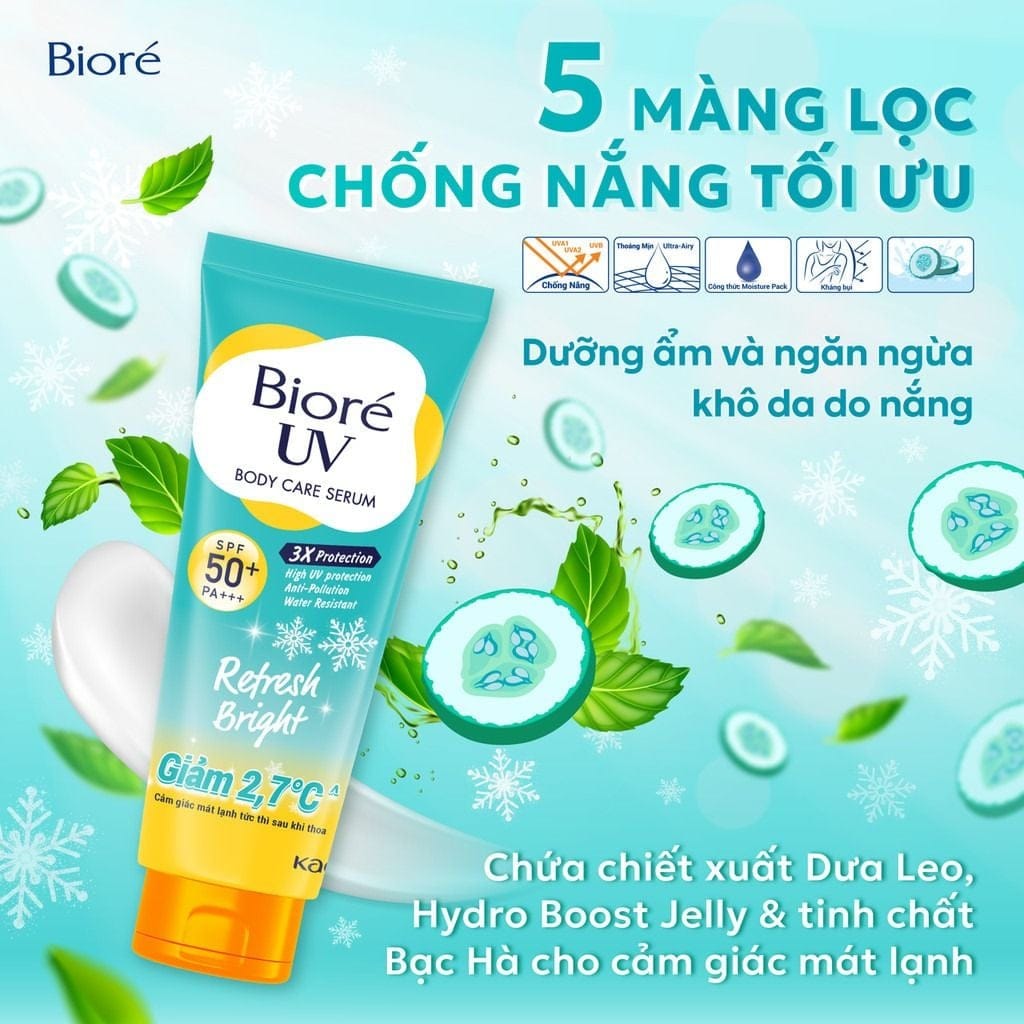 Serum Chống Nắng Dưỡng Thể Bioré Sáng Mịn Mát Lạnh 150ml UV Body Care Serum Refresh Bright SPF50+ PA+++