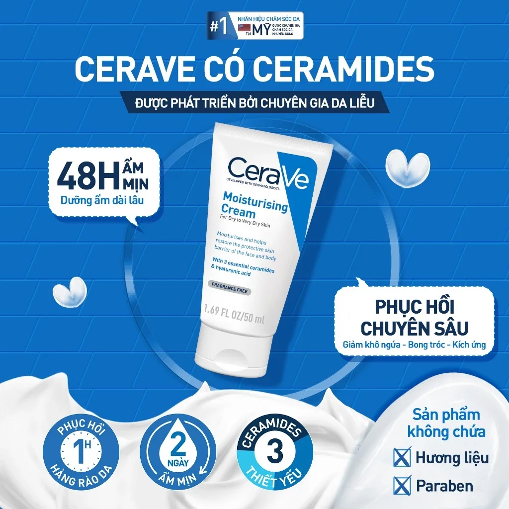 Kem Dưỡng Ẩm Phục Hồi Chuyên Sâu Và Giữ Da Ẩm Mịn Suốt 48H CERAVE MOISTURISING CREAM 50ML